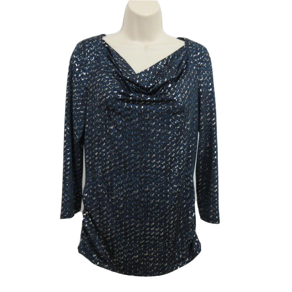 Dana Buchman Blouse Sz Small Blue Black Silver Metallic Draped Neckline Long Sle